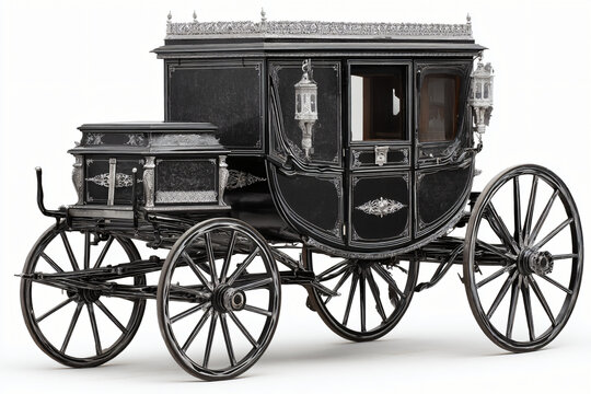 antique funeral carriage with black lacquered finish and silver embellishments from side view, isolated on white