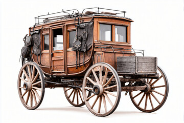 Fototapeta premium stagecoach with leather suspension system and wooden wheels in profile view, isolated on white