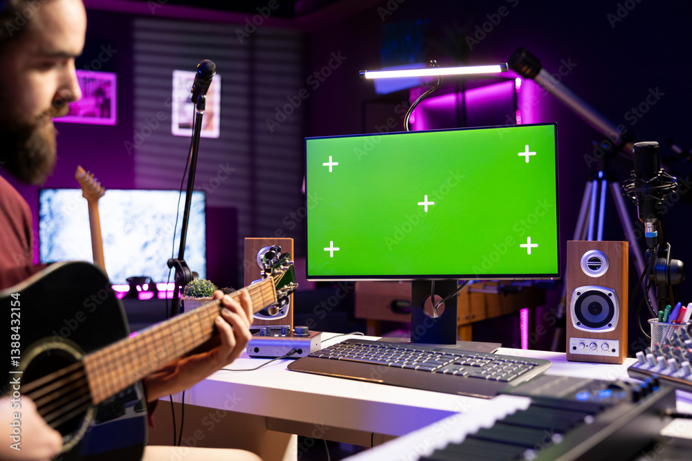 Poster musician playing acoustic guitar with online tutorials on greenscreen pc, watching videos for musica