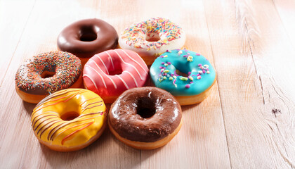 Colorful Assorted Donuts on Wooden Surface