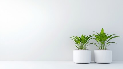 Two potted plants sit on a white surface against a white wall. The plants are similar, with lush green leaves. The pots are simple, white cylinders. The image is clean and minimalist, with even ligh