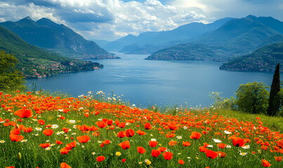 Scenic Lake and Wildflower Vista: A stunning natural panorama, capturing the serenity of a vibrant lake framed by majestic mountains and a field of wildflowers in full bloom.