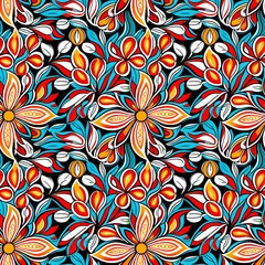 A colorful floral pattern on a black background.