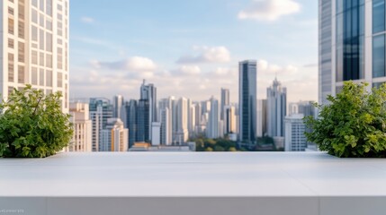 Fototapeta premium Empty Rooftop Terrace Lush Greenery Modern Minimalist High Resolution Wide Angle Cityscape View Panoramic City Background Serene Light Perfect for Real Estate Ads