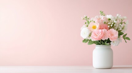 Fototapeta premium A delicate bouquet of pink and white flowers sits in a simple white vase. The image features a minimalist composition against a pale pink background. Soft, natural lighting enhances the floral detai