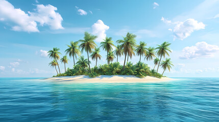 Tropical Paradise: A captivating vista of a tiny island oasis, replete with swaying palm trees and vibrant flora, serenely afloat amidst a turquoise sea under a sky brimming with fluffy clouds.