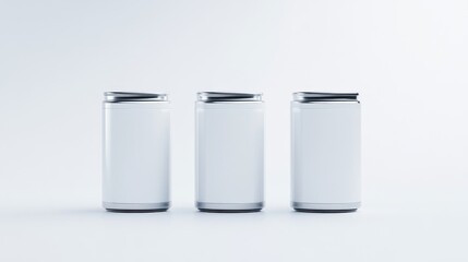 Three blank white cans with silver tops stand in a row against a bright white background. The image is cleanly composed, showcasing the cans simple design. High-resolution photography ensures crisp