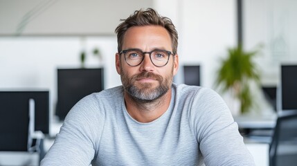 A high-resolution photo depicts a man with short brown hair and glasses. He wears a light gray long-sleeved shirt. The background is a blurred office setting. The image is professionally lit, showcasi