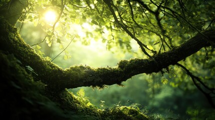 Fototapeta premium Sunlight Filtering Through Lush Forest Canopy