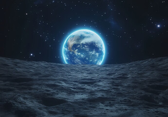 Earth from the Moon: A breathtaking view of Earth rising over the lunar surface, with a glowing blue aura against the starry backdrop, creating a sense of wonder and inspiring exploration.