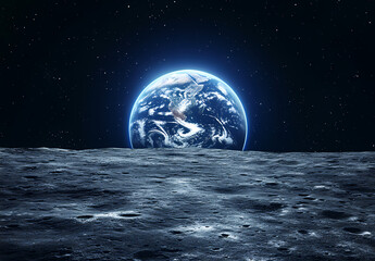Earth View from Lunar Surface: Capturing Earth rising above the lunar horizon against a star-studded cosmic canvas, evoking the vastness and wonder of space.