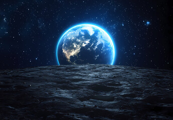 Earth from the Lunar Perspective: An awe-inspiring visual of Earth rising above the lunar horizon, a brilliant blue sphere set against the vast cosmos, showcasing the beauty of our planet.