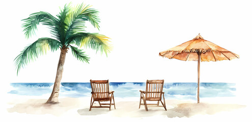 Tranquil Beach Scene: Two empty chairs sit invitingly on a sandy shore, beneath a palm tree and a sun umbrella, overlooking the tranquil sea. A perfect image to evoke calm. 
