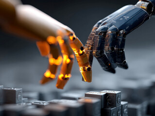 Image shows two robotic hands connecting over a circuit board, symbolizing technology integration, representing AI, robotics, automation, or cybersecurity - AI-Generated