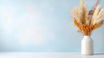 A white vase with dried flowers on a minimalist table against a soft blue background, serene indoor setting, and natural decor concept.