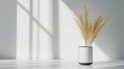 A minimalist white vase with dried grasses on a sunlit windowsill, casting soft shadows on a clean white wall, and serene indoor decor concept.