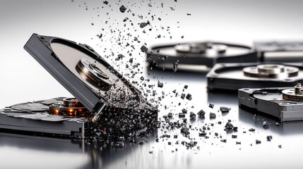 mechanical hard disk disintegrated in the air,parts scattered,the background has several complete mechanical hard disk,white background 