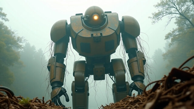 Towering colossal robot made of rustic armor emerges from an old abandoned junkyard - Powered by Adobe
