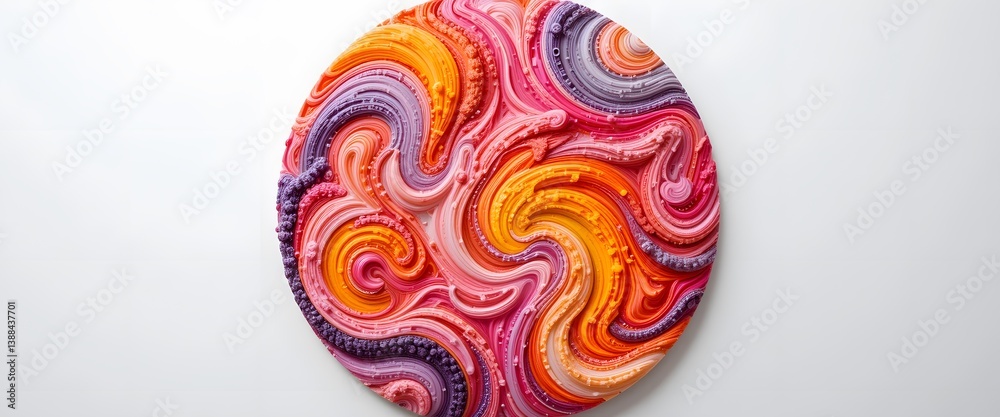 Poster Abstract Circular Art, A Vibrant Textured Surface With Swirling Colors, An Intriguing Design Element. Playful Hues Of Pink, Orange And Purple, For Backgrounds Or Creative Projects.
