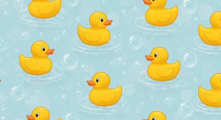 Seamless Pattern Cute Yellow Rubber Ducks Floating in Water with Bubbles Baby Shower Bath Time