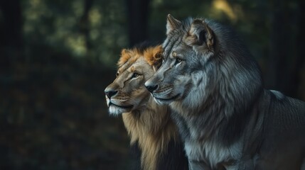 Fototapeta premium Two Lions in Forest Landscape