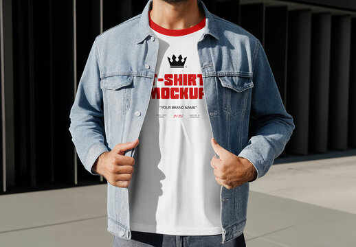 Men in Denim Jacket Wearing T-Shirt Mockup