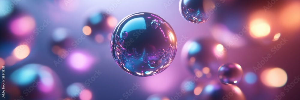 Poster Floating holographic spheres create a sleek and minimalist composition with glowing reflections in a futuristic digital setting