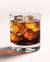 A glass of Iced Americano in a wide rocks glass showcases clear ice cubes and a deep amber coffee gradient on a white background