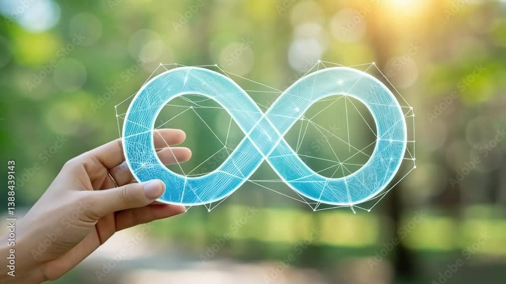 Poster hand holding infinity symbol with geometric pattern against blurred nature background view