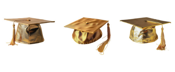 Golden Graduation Caps Set on Transparent Background
