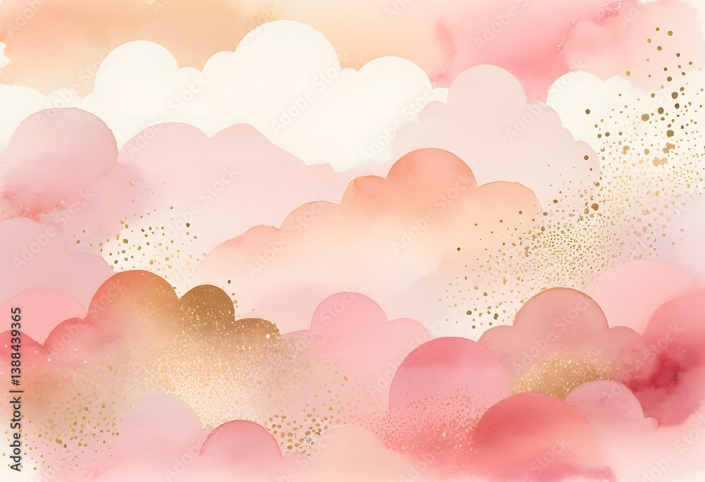 Leinwandbilder ethereal watercolor background, soft pink gradient with golden speckles and geometric star patterns.