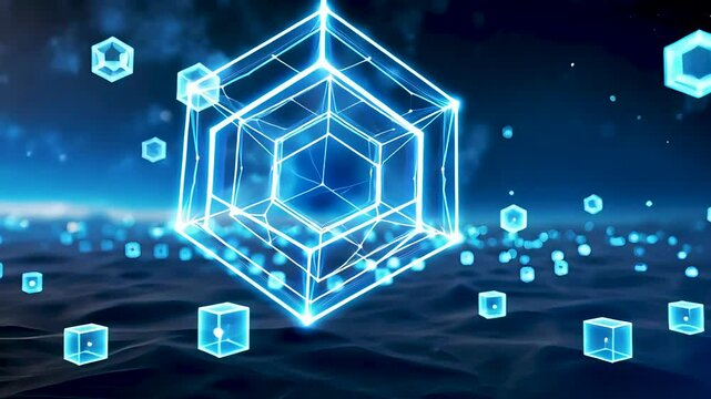 Floating glowing cubes in digital data space represent blockchain technology