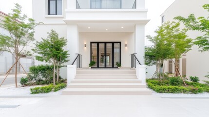 A modern, white house features a prominent glass-paneled front door. Landscaped shrubs flank the steps leading to the entrance. The image is well-lit, sharp, and boasts a clean aesthetic. Muted col