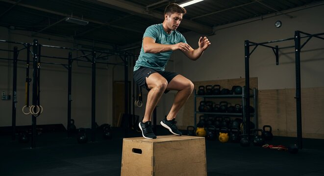 sport upscale - 6A focused athlete, dressed in a moisture-wicking t-shirt and shorts, performs explosive box jumps onto a sturdy wooden plyometric box