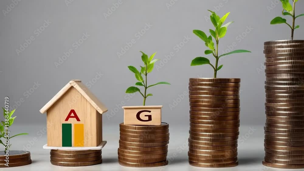 Poster stacked coins with plants and a toy house with energy rating labels on a grey background