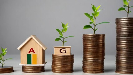 Stacked coins with plants and a toy house with energy rating labels on a grey background