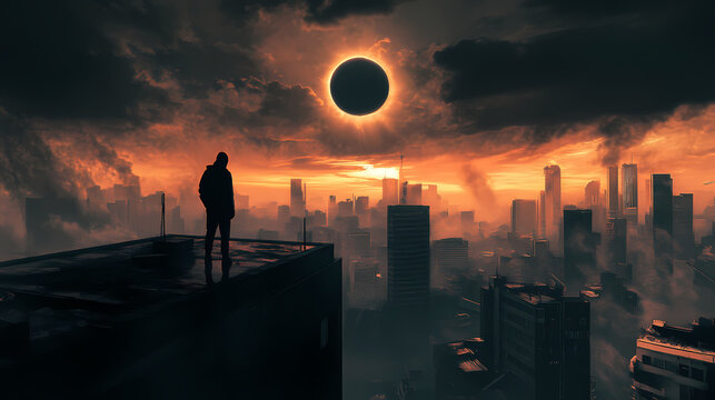 A figure standing on a building rooftop overlooks a city skyline with a dark, ominous sky and partial eclipse. Eclipsed Horizon. Illustration