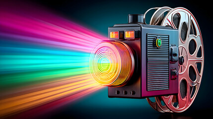 Retro film projector emitting vibrant rainbow light beams