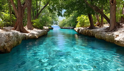 Naklejka premium Serene turquoise canal winds through lush tropical foliage, leading to a tranquil ocean view