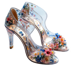 Obraz premium Transparent PVC Heels with Embedded Flowers Isolated on Transparent Background