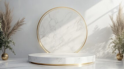 White marble podium display with gold frame, minimalist aesthetic
