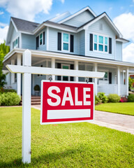 Two-story house for sale,  "Sale" sign in front yard