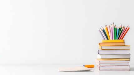 Colorful Pencils atop Books Stack Minimalist Bright Lighting Wide Shot Neat Arrangement Learning Concept White Background Vivid Hues Perfect for Education Ads