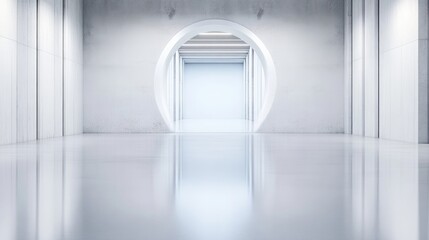 Modern, minimalist interior with a circular archway.  A bright, spacious hallway leads to an unseen area beyond