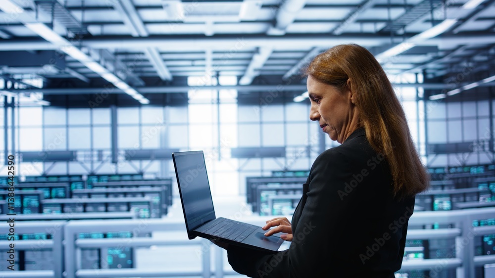 Poster computer scientist doing yearly maintenance using laptop to prolong data center equipment life span.