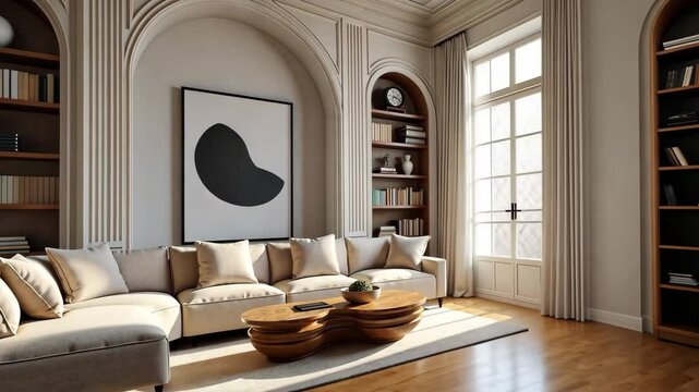 Parisian modern. Elegant modern living room with beige sectional sofa, arched built-in bookshelves, sculptural wood coffee table and minimalist wall art in classic neutral interior. 4k, motion