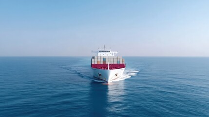 Obraz premium A large container ship sails on a calm ocean. Its predominantly white with red containers. The image features a clear blue sky and sea. The photo is high-quality, with good resolution and natural li