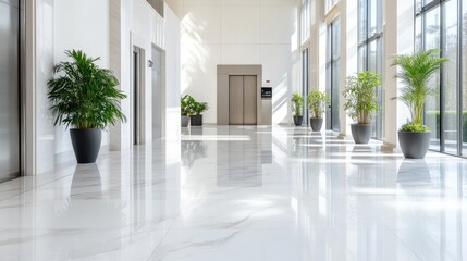 Fototapeta premium Modern, bright, clean lobby with polished marble flooring and potted plants