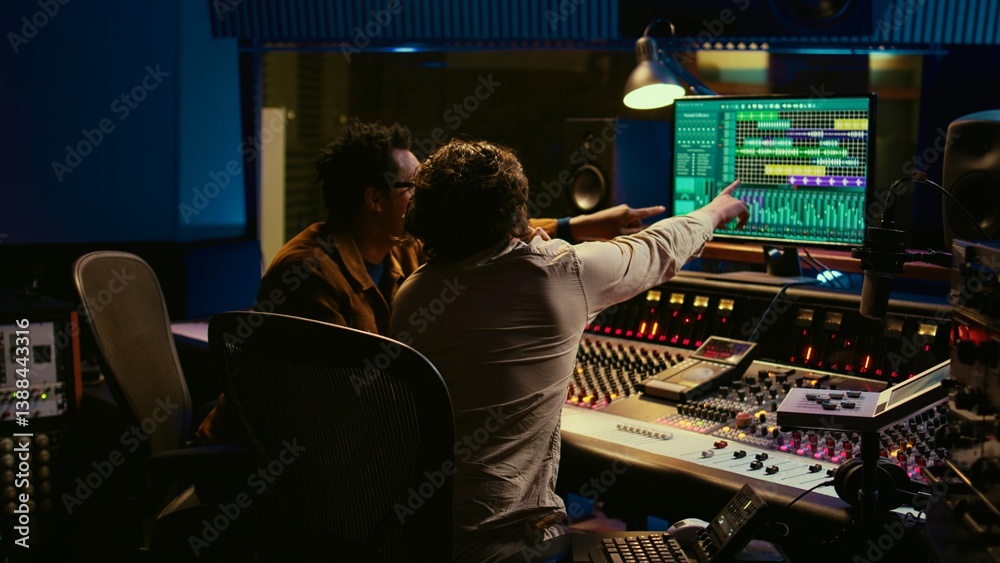 Poster Diverse people processing and mixing sounds on audio console, adding sound effects and working on creating new tracks. Artist and technician producing a hit song, daw software. Camera B.