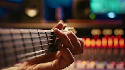 Artist composer creating a new song on his electro guitar in studio, recording tracks in control...